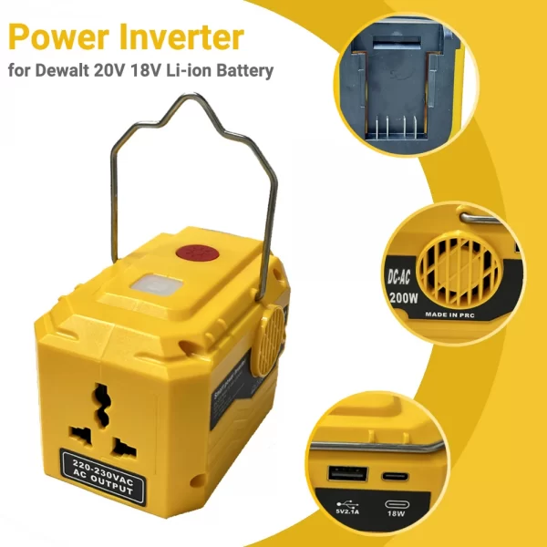 200W Power Inverter with LED Work Light for Dewalt 20V 18V Li-ion Battery