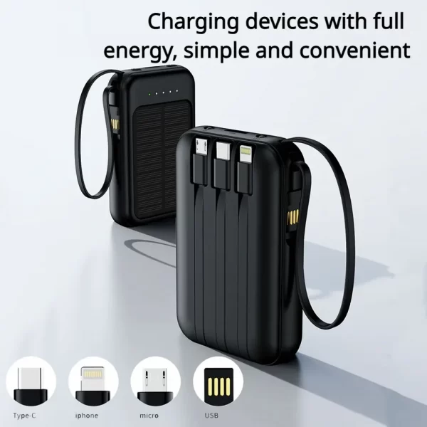 Powerbank External Solar Cells 10000mAh Big Capacity Fast Charging Phone Charger with 3 Built-in Cables Outdoor Power Bank Mini