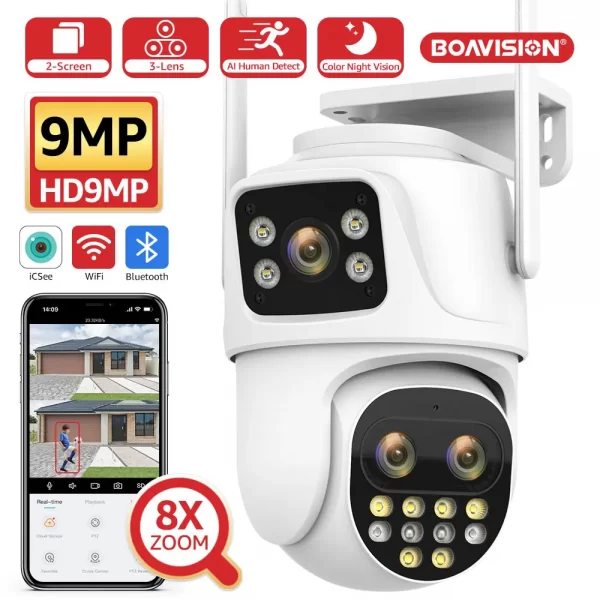 Outdoor PTZ Wifi Permission Camera, Security Device with Three Lenses, 8X Digital Zoom, AI Existing Tracking, Humanoid Detection, 4MP, 9MP