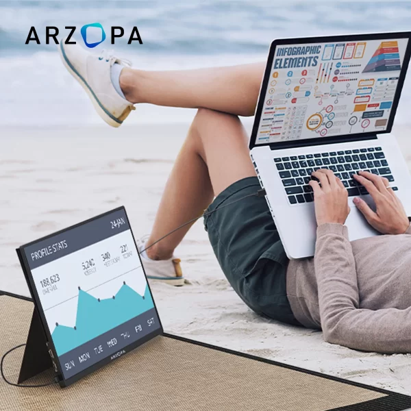 Arzopa IPS HDR FHD 15.6 inch dual portable screen monitor usb pc smart stand case no battery display for laptops gaming