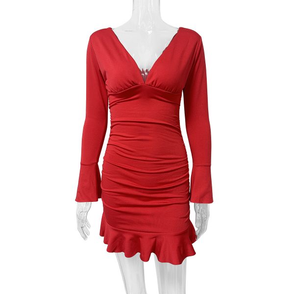 Deep V Long Sleeve Dress Women – Image 2